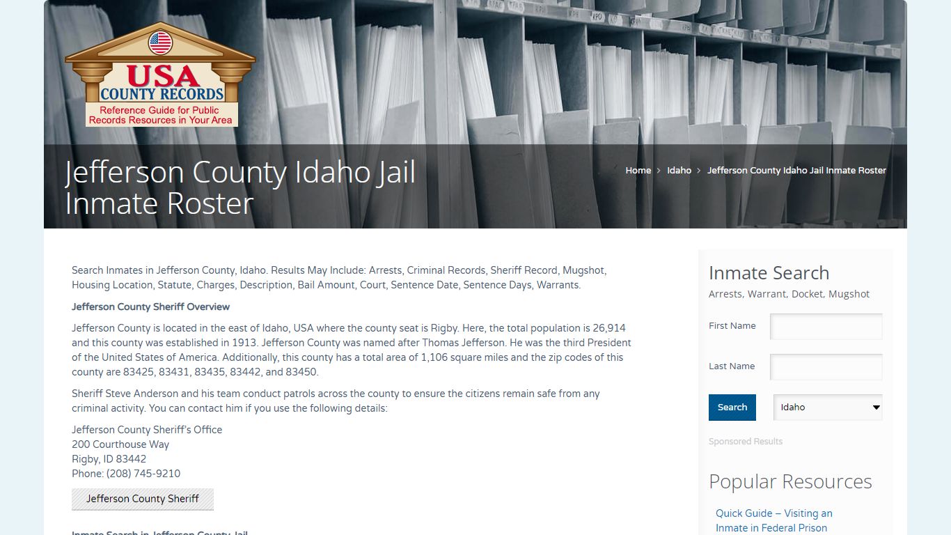 Jefferson County Idaho Jail Inmate Roster | Name Search