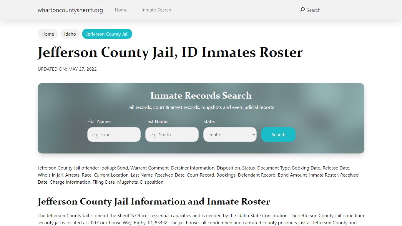 Jefferson County Jail, ID Jail Roster, Name Search